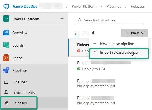 Azure DevOps Releases page with the New menu open and Import release pipeline highlighted