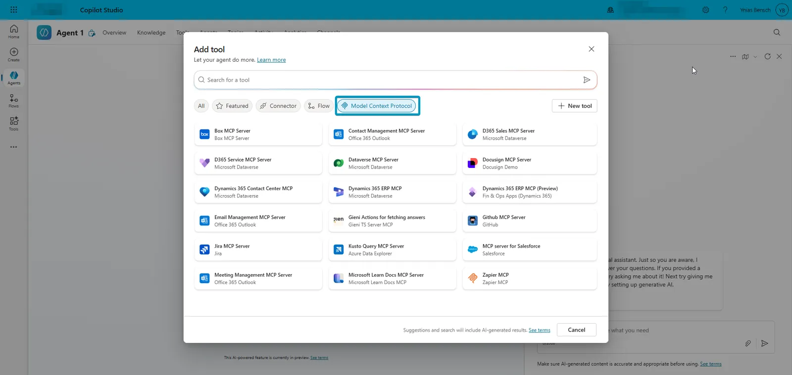Add tool dialog in Copilot Studio filtered on Model Context Protocol, listing available MCP servers
