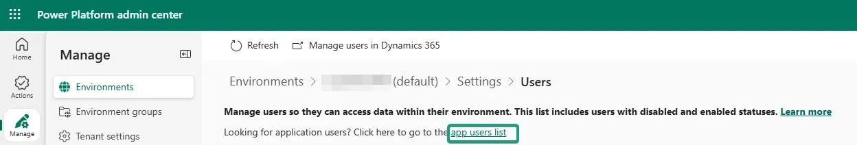 Power Platform admin center environment settings, Users page, with the link to the app users list highlighted