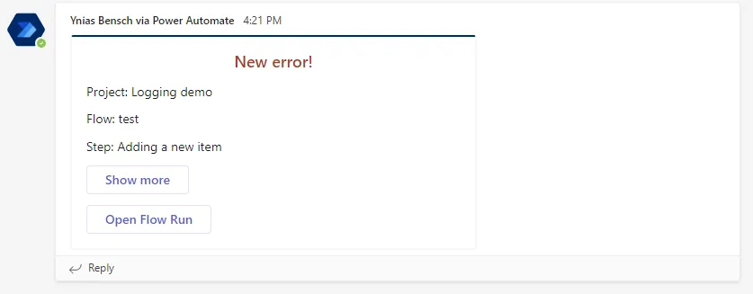 Adaptive card in Teams announcing a new error with project, flow and step, plus an Open Flow Run button