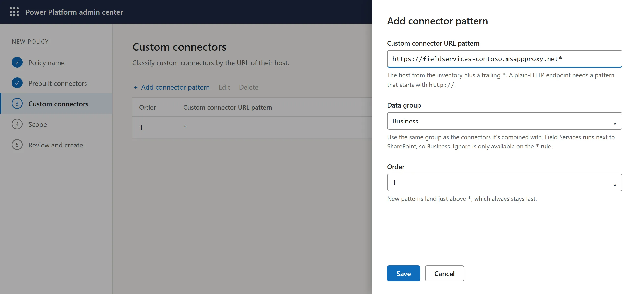 Add connector pattern side panel with the Field Services pattern and the Business data group