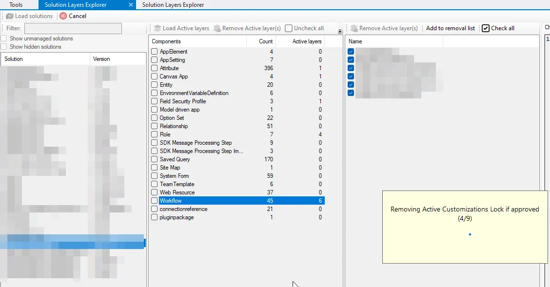 Solution Layers Explorer in XrmToolBox listing components with active layers while it removes them
