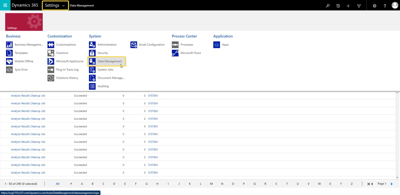 Dynamics 365 classic settings with Data Management highlighted