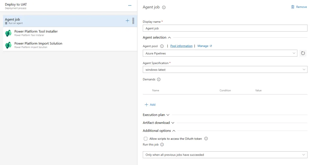 Deploy to UAT stage with an agent job running Power Platform Tool Installer and Power Platform Import Solution