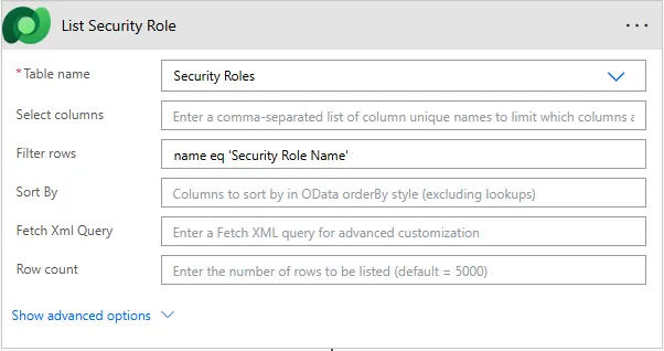 List Security Role action on the Security Roles table, filtered on the role name