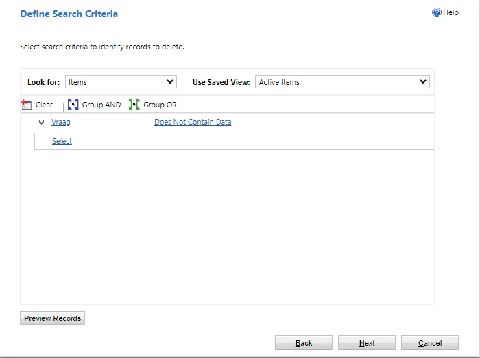 Define Search Criteria step of the bulk deletion wizard, with a filter and the Preview Records button