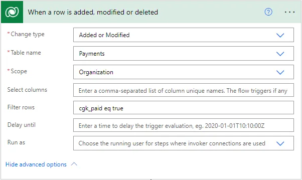 Dataverse trigger When a row is added, modified or deleted on the Payments table, with filter rows cgk_paid eq true