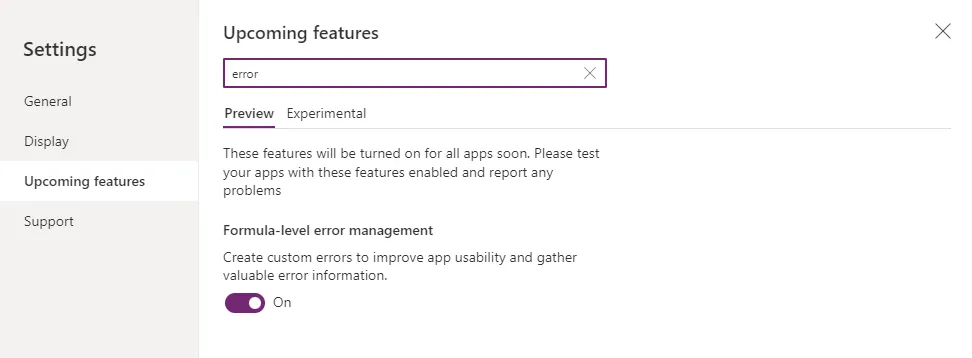 Power Apps settings, Upcoming features, with Formula-level error management turned on