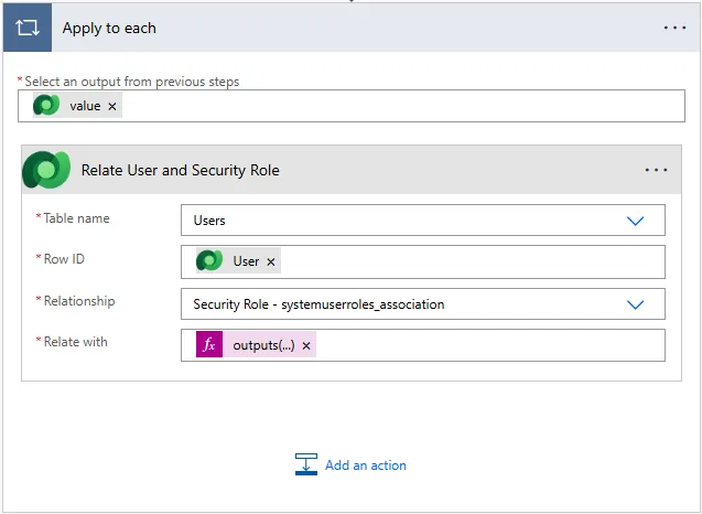 Apply to each over the users, relating each user to the security role through systemuserroles_association