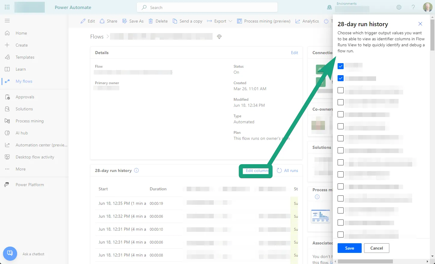 Flow details page in Power Automate with Edit columns in the 28-day run history highlighted
