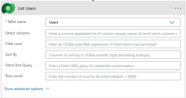List Users action on the Users table