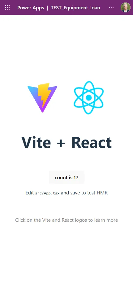 The template code app running on a phone, under the Power Apps bar with the app name TEST_Equipment Loan, the counter button showing count is 17