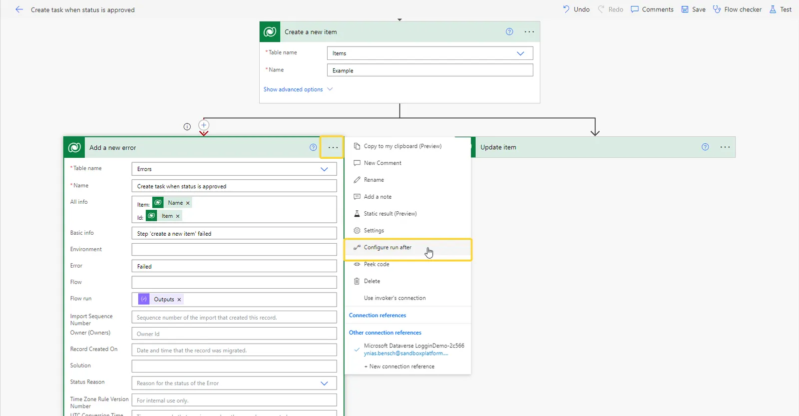 Flow with an Add a new error action whose menu is open on Configure run after