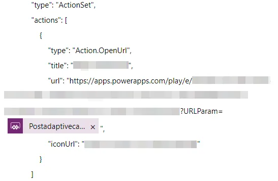 Adaptive Card JSON with an Action.OpenUrl button that opens the canvas app with a URLParam query parameter