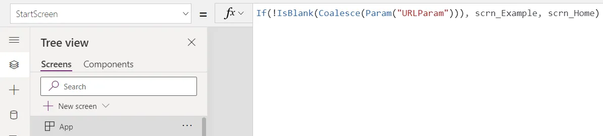 App.StartScreen formula: open scrn_Example when the URLParam parameter is present, otherwise scrn_Home