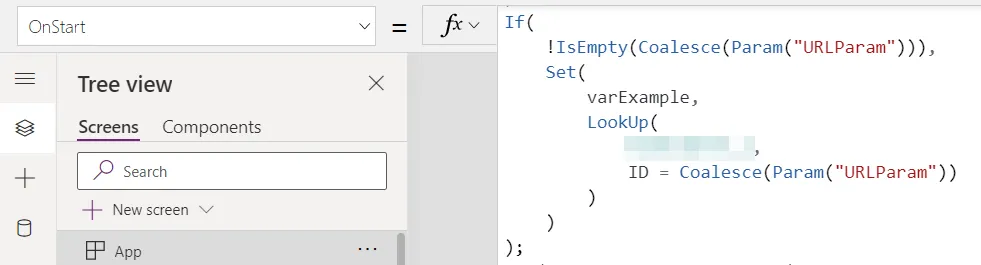App.OnStart formula that looks up the record matching the URLParam ID and stores it in varExample
