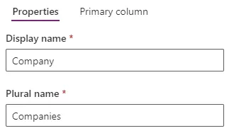 Table properties with display name Company and plural name Companies