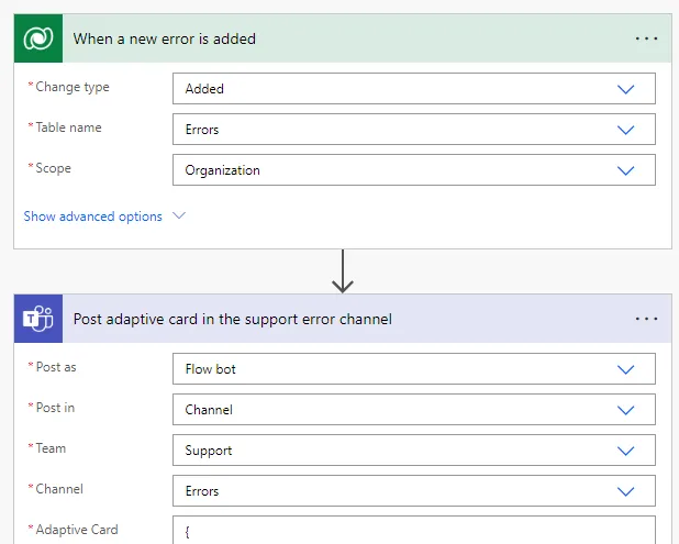 Error flow: when a new error is added to Dataverse, post an adaptive card in the support errors channel in Teams