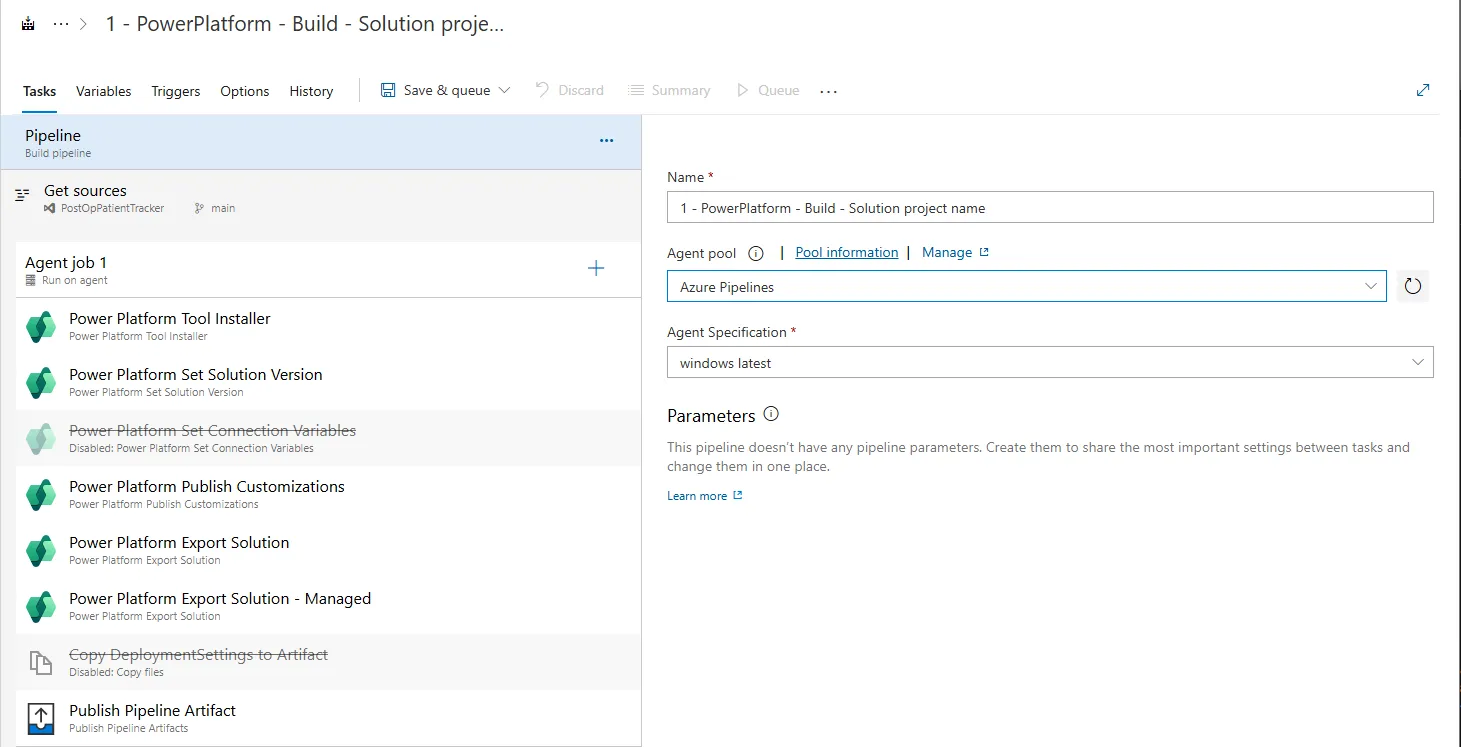 Azure DevOps build pipeline with Power Platform tasks: tool installer, set solution version, export solution and publish artifact