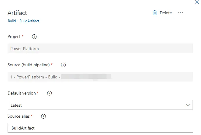 Add an artifact panel with project, source build pipeline, default version Latest and source alias BuildArtifact