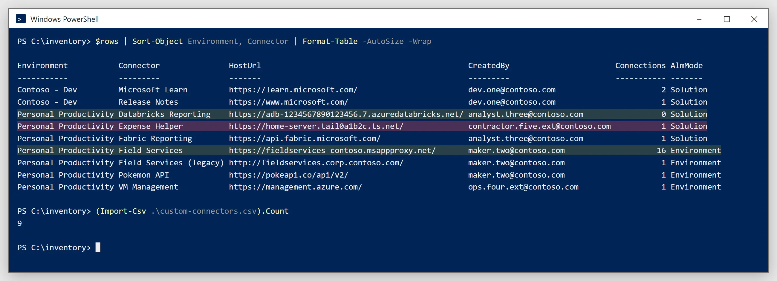 Windows PowerShell showing the inventory as a table of nine custom connectors, with Field Services, Databricks Reporting and Expense Helper highlighted
