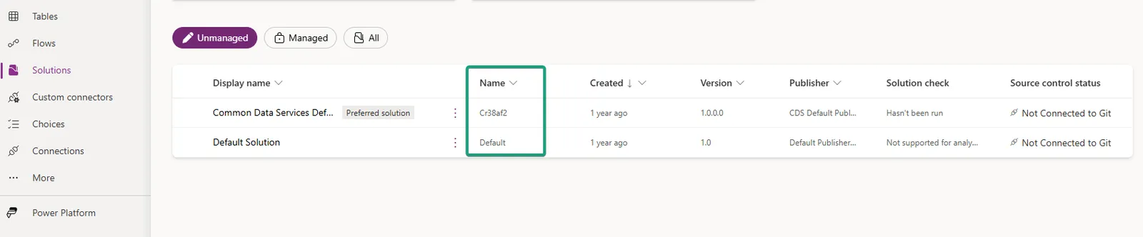 Solutions list in Power Apps with the solution's unique name column highlighted