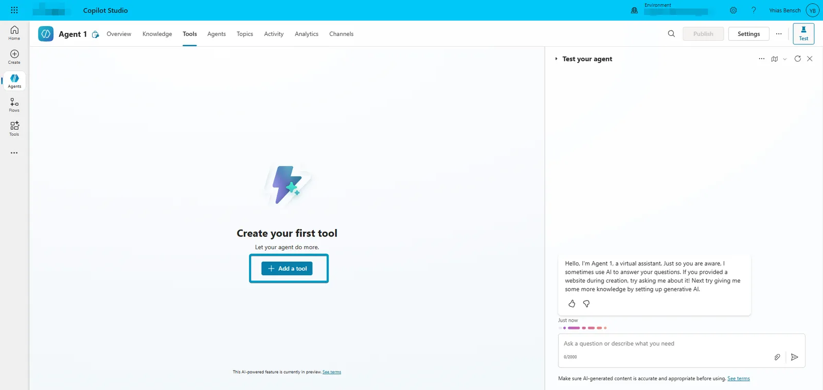 Copilot Studio agent Tools tab with the Add a tool button highlighted
