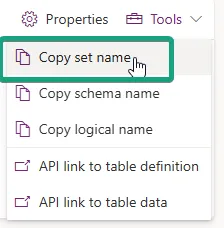Table menu in Power Apps with Copy set name highlighted