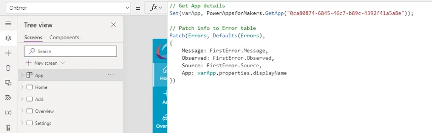 App.OnError formula that patches the error message, source and app name to an Errors table