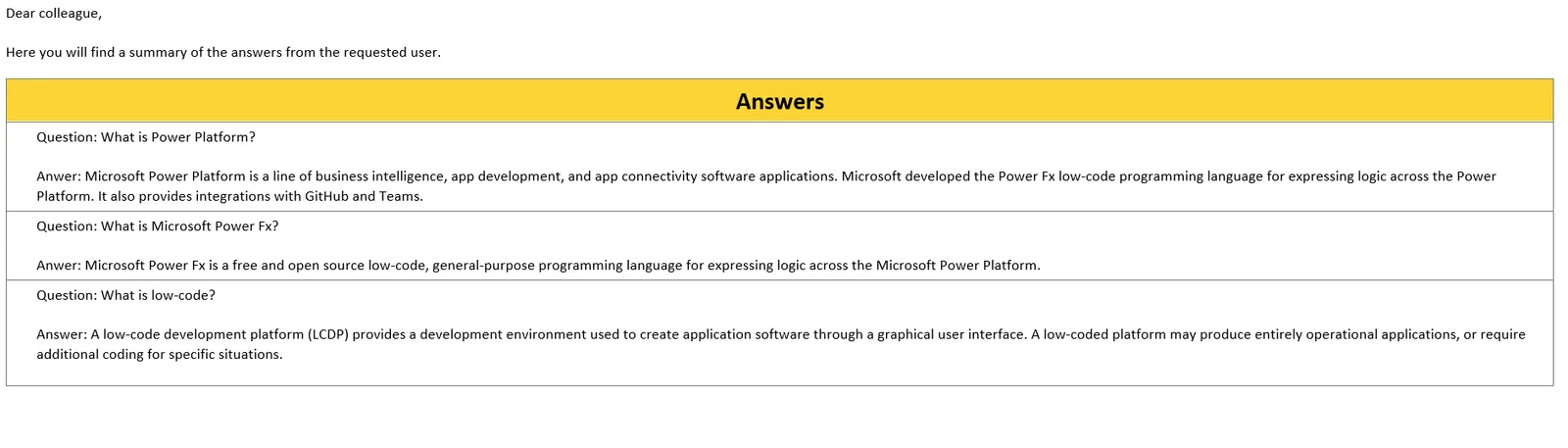 Email received from the app: the same answers formatted as a table under a yellow Answers header