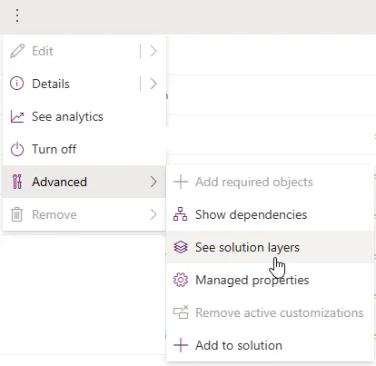 Component menu in Power Apps: Advanced, See solution layers
