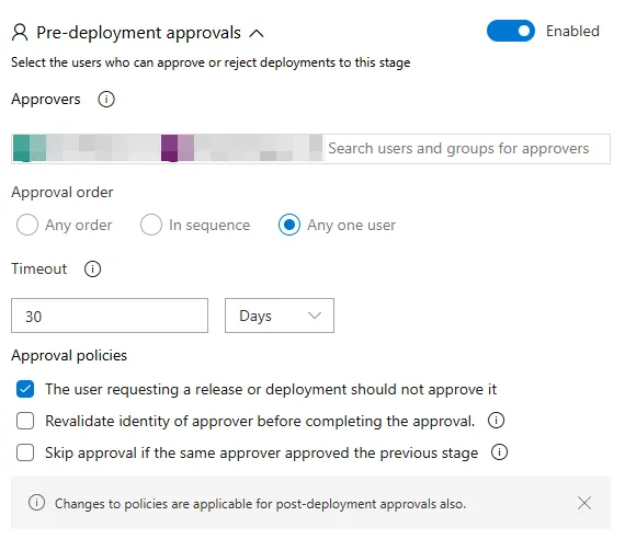 Pre-deployment approvals settings for a stage: approvers, approval order, a 30-day timeout and approval policies