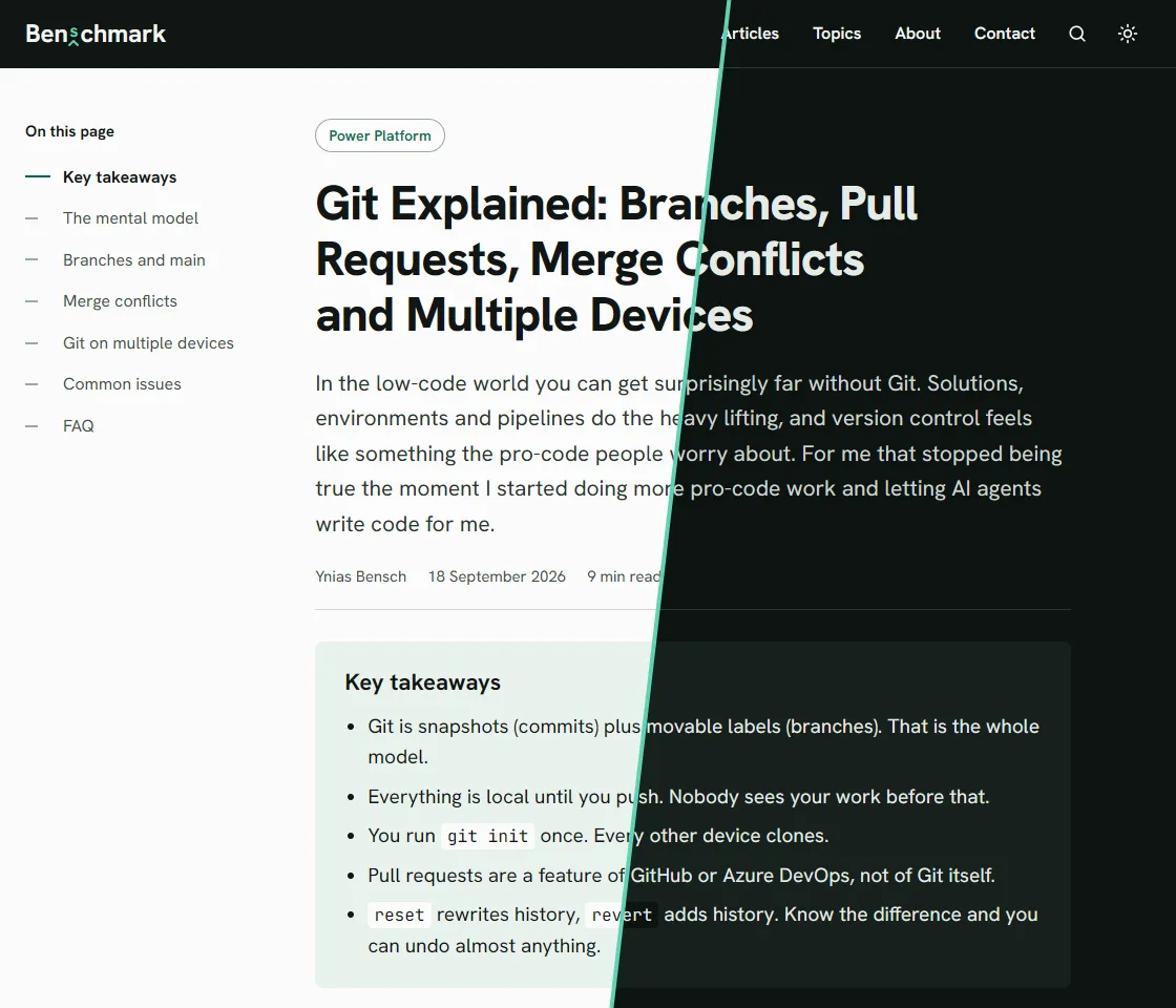 The Spruce article design mock-up, split diagonally: the light theme on the left and the dark theme on the right, with the contents rail, title, lead and key takeaways box