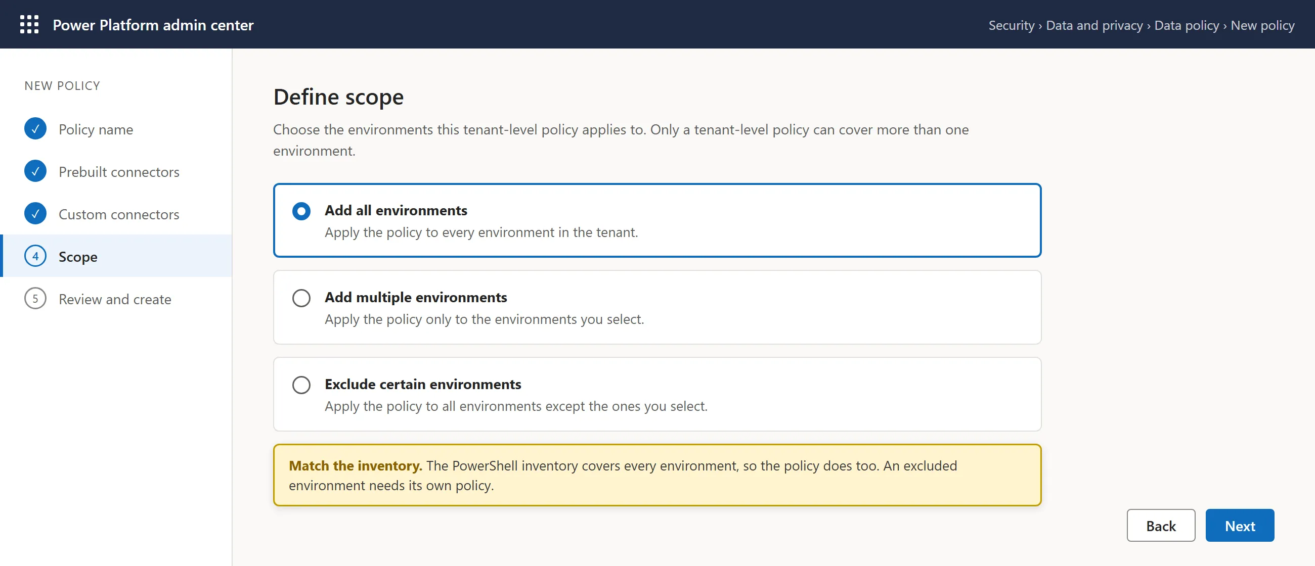 Scope step of a tenant-level data policy with Add all environments selected, next to Add multiple environments and Exclude certain environments