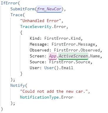 IfError around SubmitForm that writes a Trace with error details, screen and user, then notifies the user