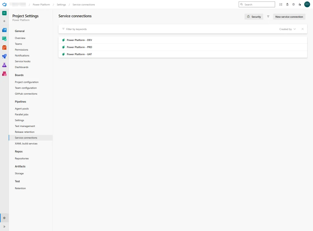 Azure DevOps project settings with the Service connections page open, listing Power Platform DEV, PRD and UAT