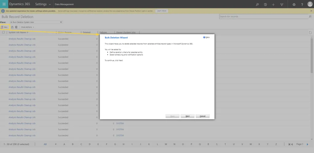 Bulk Record Deletion view with the New button highlighted and the Bulk Deletion Wizard open