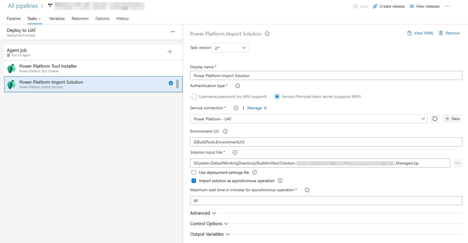 Power Platform Import Solution task settings with service connection, environment URL and solution input file