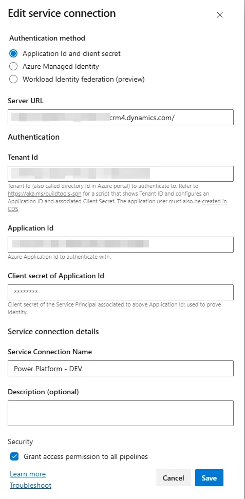 Edit service connection panel in Azure DevOps with server URL, tenant ID, application ID and client secret fields